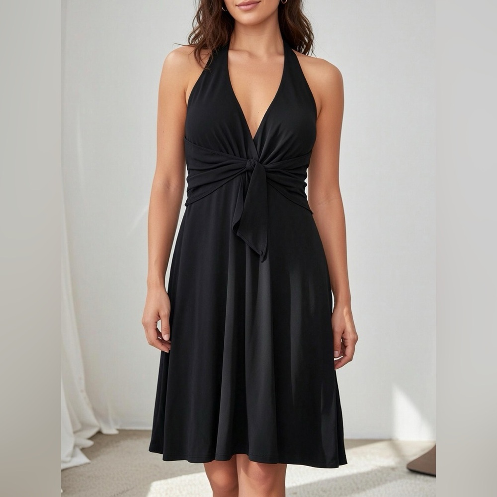 White House Black Market Knee length Black Backless Halter Dress Size 6